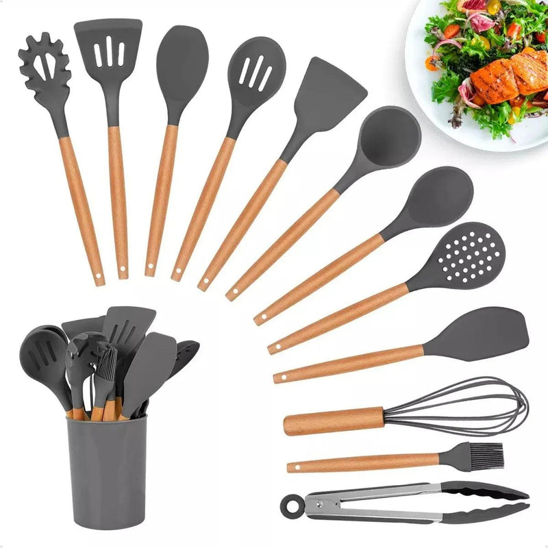 Kit Utensílios de Cozinha Silicone com Cabo de Madeira - 12 Peças