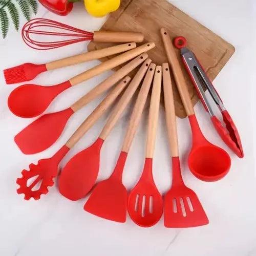 Kit Utensílios de Cozinha Silicone com Cabo de Madeira - 12 Peças