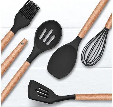 Kit Utensílios de Cozinha Silicone com Cabo de Madeira - 12 Peças