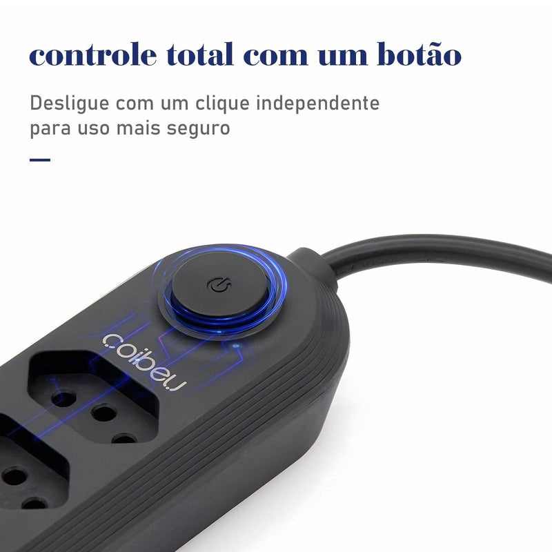 Tomada Extensão Elétrica de 2 Metros 110V-220V 10A 2500W E USB