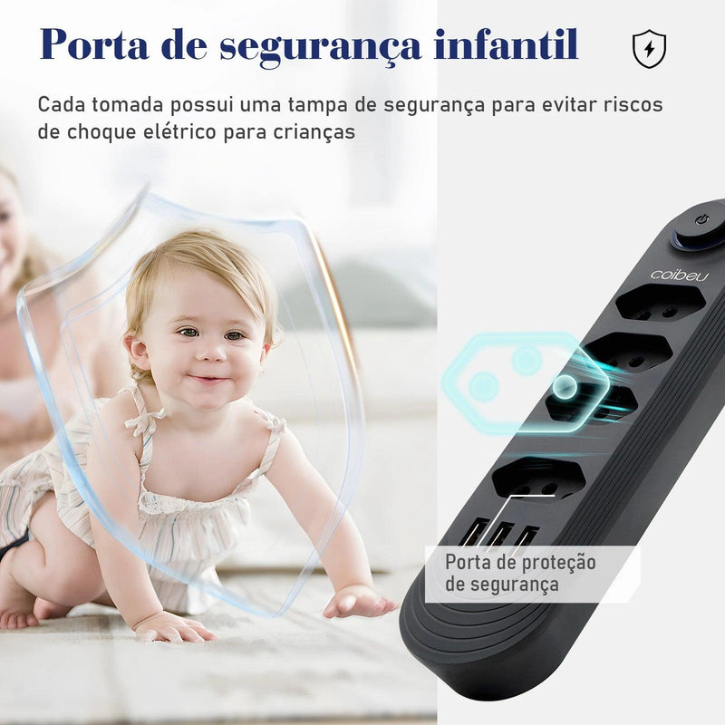 Tomada Extensão Elétrica de 2 Metros 110V-220V 10A 2500W E USB