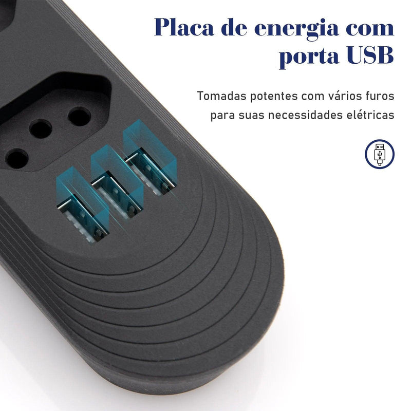 Tomada Extensão Elétrica de 2 Metros 110V-220V 10A 2500W E USB