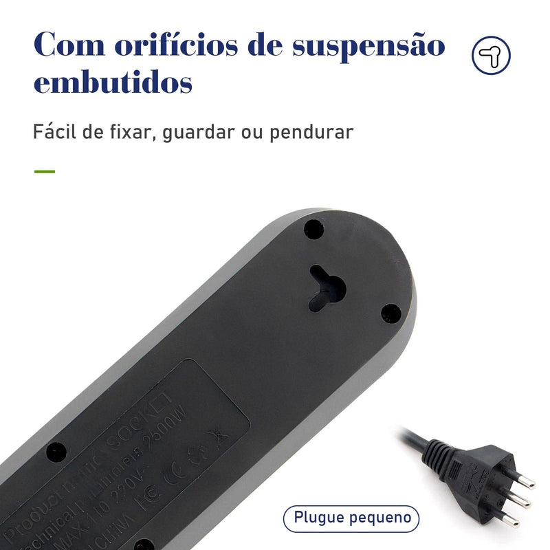 Tomada Extensão Elétrica de 2 Metros 110V-220V 10A 2500W E USB