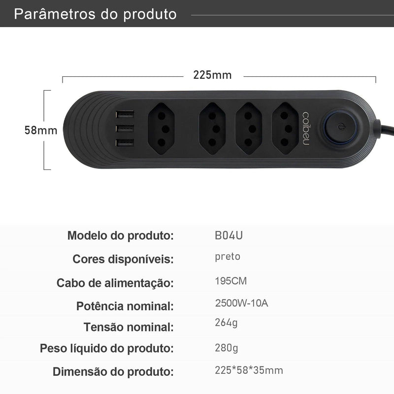 Tomada Extensão Elétrica de 2 Metros 110V-220V 10A 2500W E USB