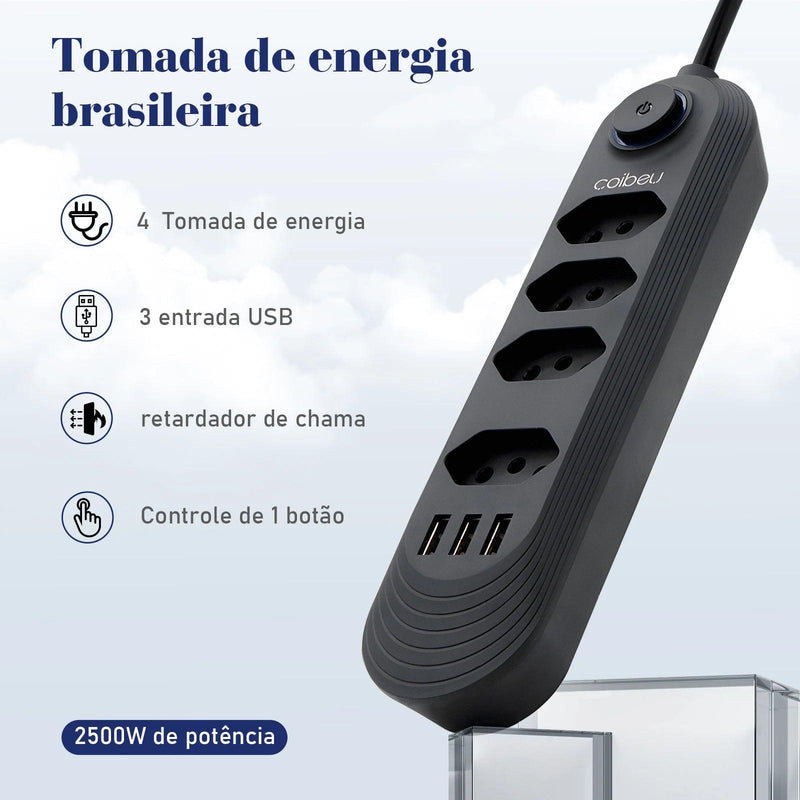 Tomada Extensão Elétrica de 2 Metros 110V-220V 10A 2500W E USB